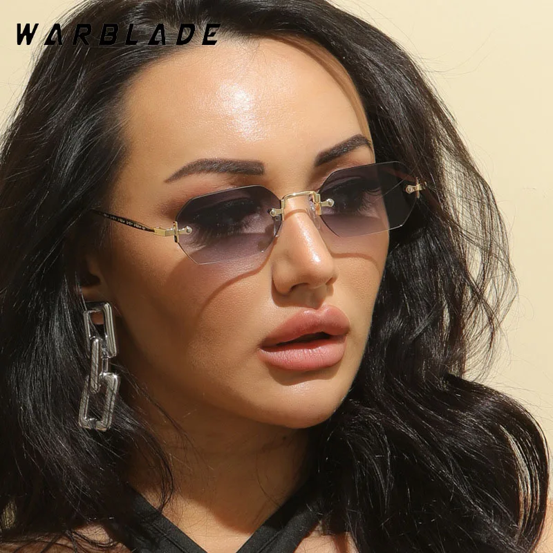 WarBLade 2023 nowych mężczyzn prostokątne okulary przeciwsłoneczne bez oprawek ośmiokątny małe okulary kobiet metalowy złoty wielokąt niebieski brązowy Uv400 bez ramki — zdjęcie 4