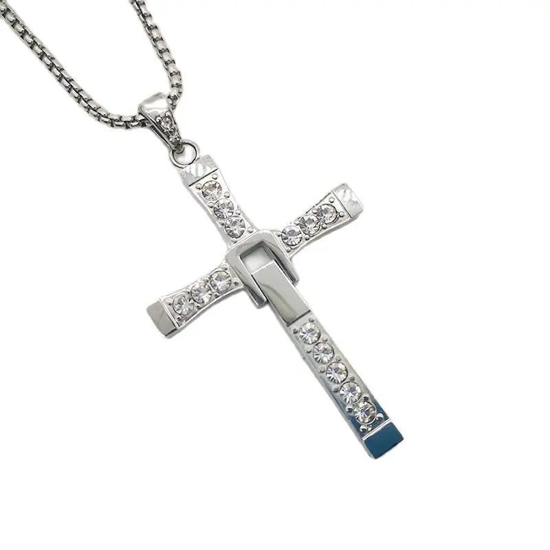 Mens Cool Fast and Furious Dominic Toretto Cross Necklace Pendant Silver Gold Color Titanium Steel Cross Necklace Men jewelry