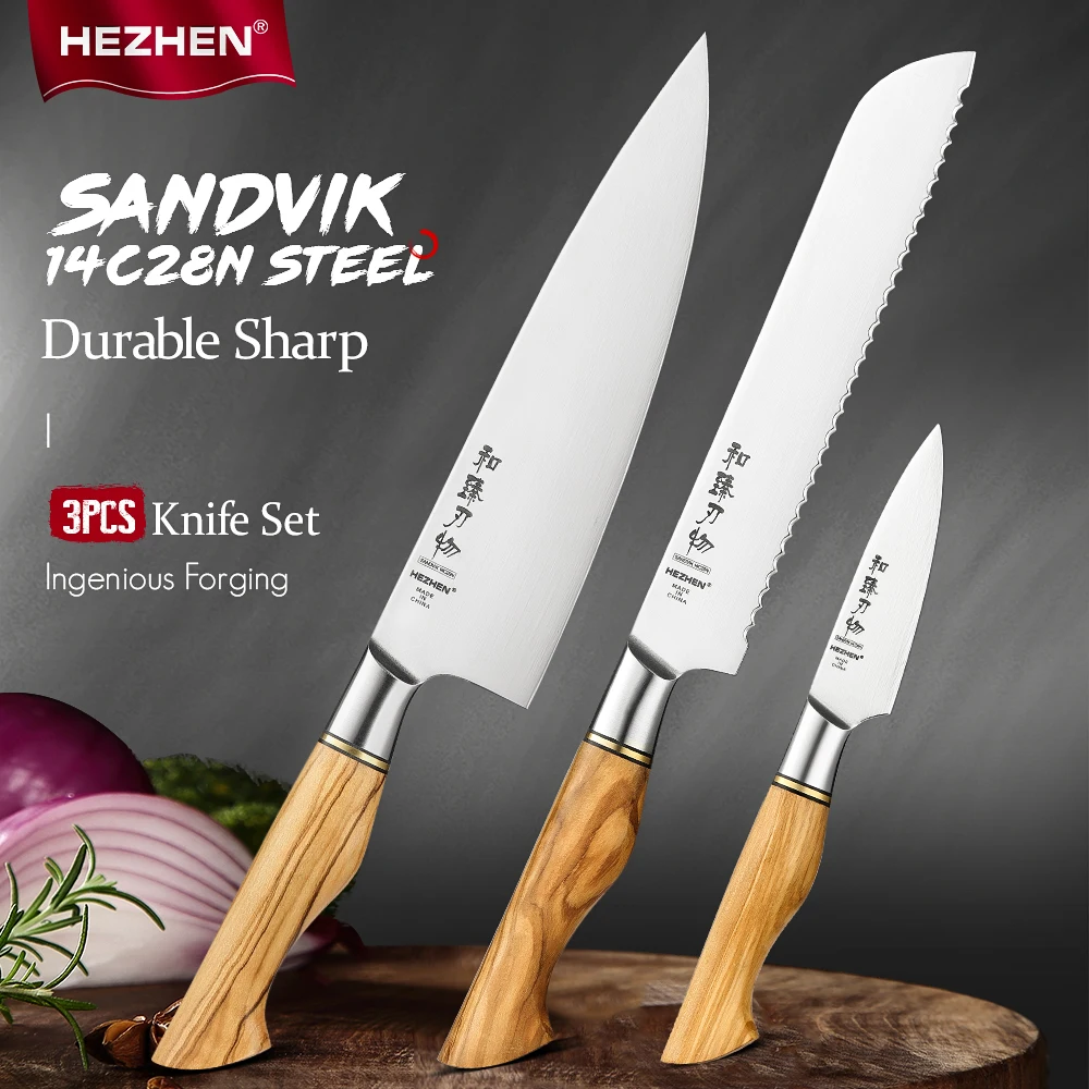 HEZHEN 3PC Knife Set Sanivik Steel Stainless Steel Chef Bread Paring Cook Knife For Meat Sharp Kitchen Knife