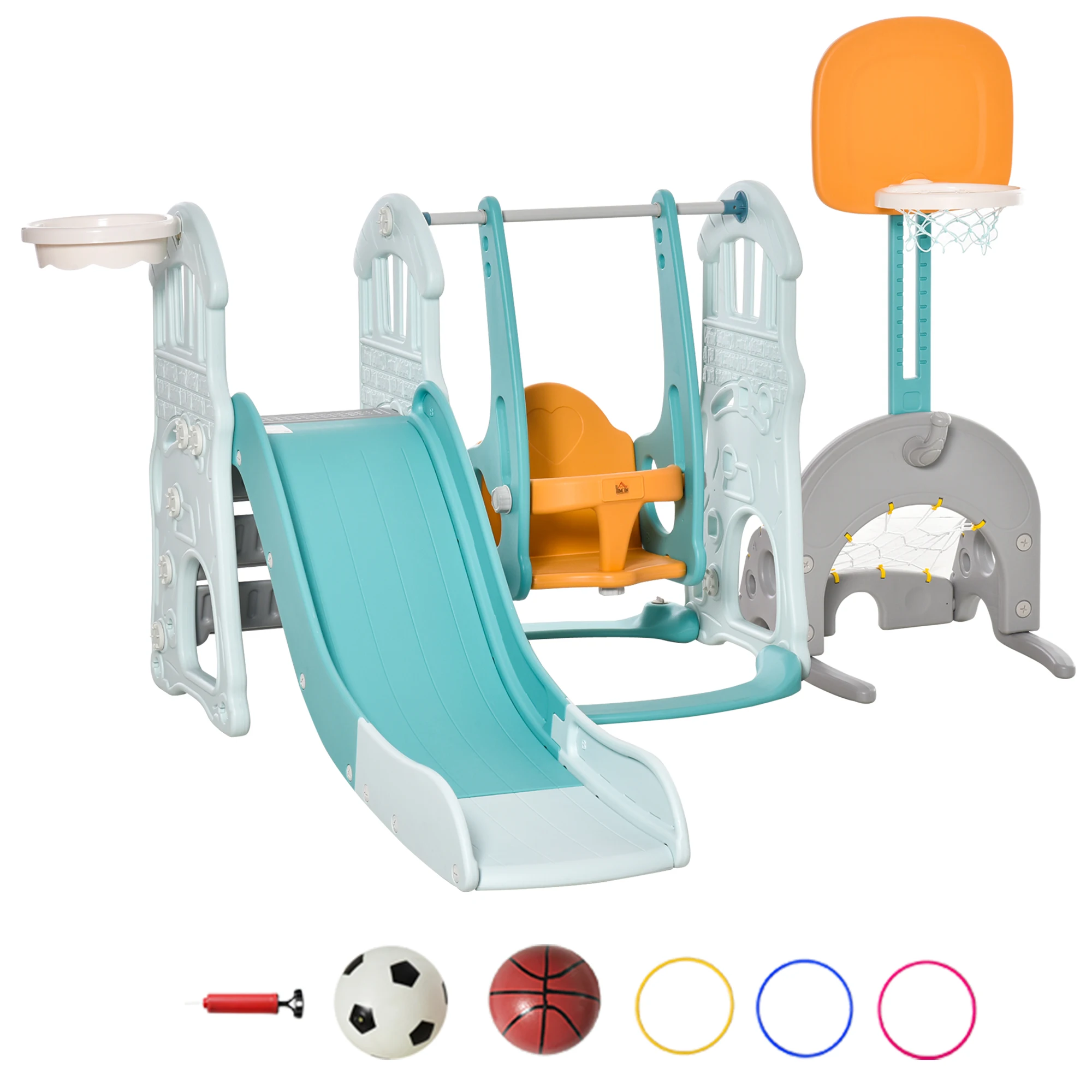 HOMCOM 5 in 1 slide and swing for children + 18 months 2 basketball baskets soccer goal seat adjustable 210x186x133 cm