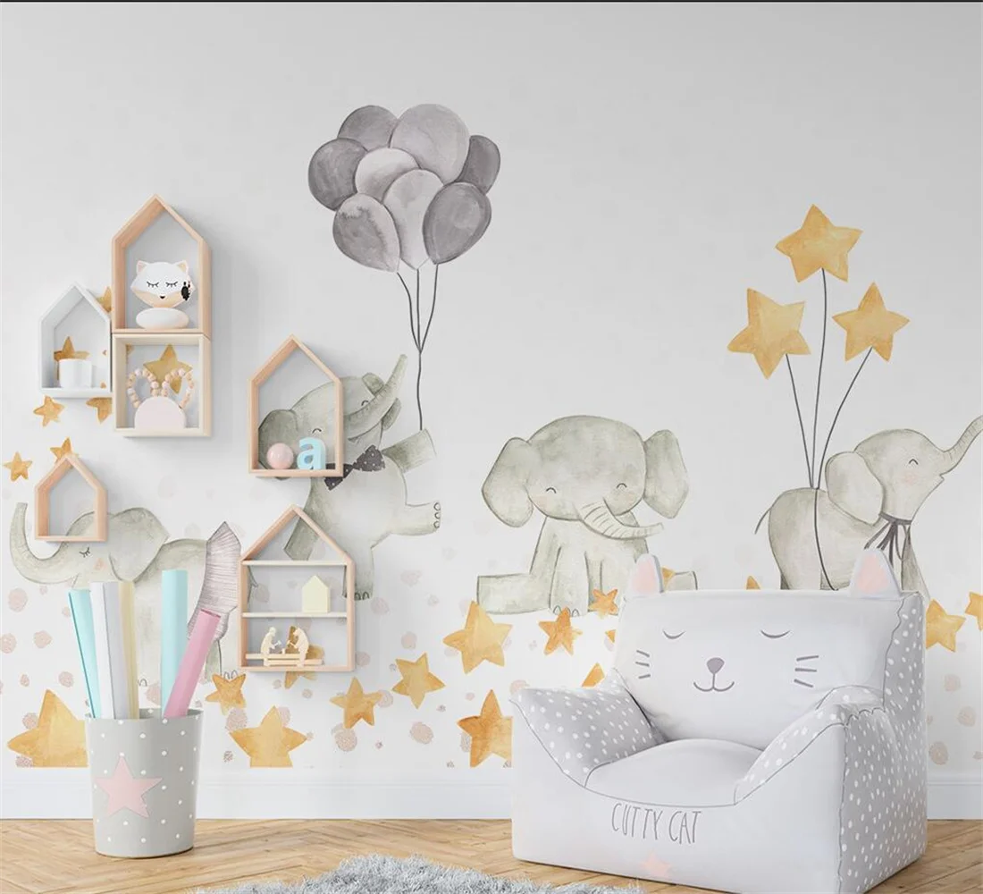 

Custom Wallpaper Cartoon cute elephant stars children room indoor background decorate 3d wallpaper mural