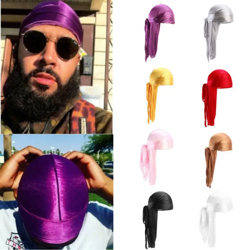 Moda męska Satin Durags Bandanna Turban peruki czapka piracka mężczyźni Silky Durag nakrycia głowy z pałąkiem na głowę