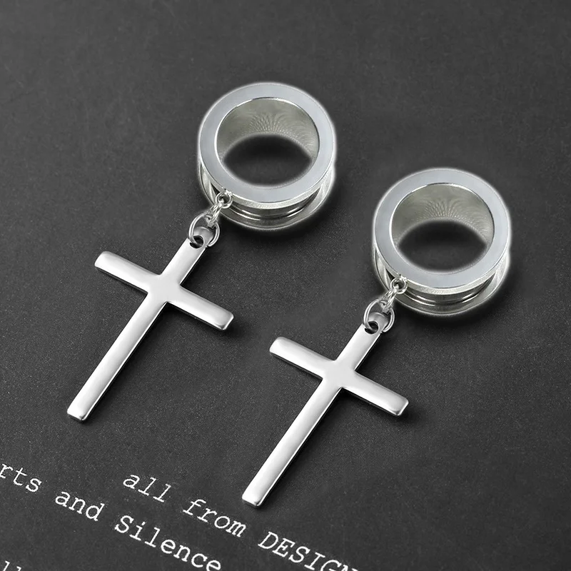 2Pcs Ear Piercing Dangle Cross Ear Plugs and Tunnels Stainless Steel Oreja Dilatacions Ear Expander 4m-25mm Punk Body Jewelry