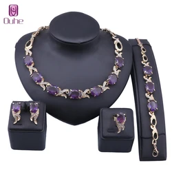 Wedding Gold Color Purple Zircon Crystal Trendy Necklace Jewelry Sets Party Women Bridal Bracelet Earrings Ring Accessories Set