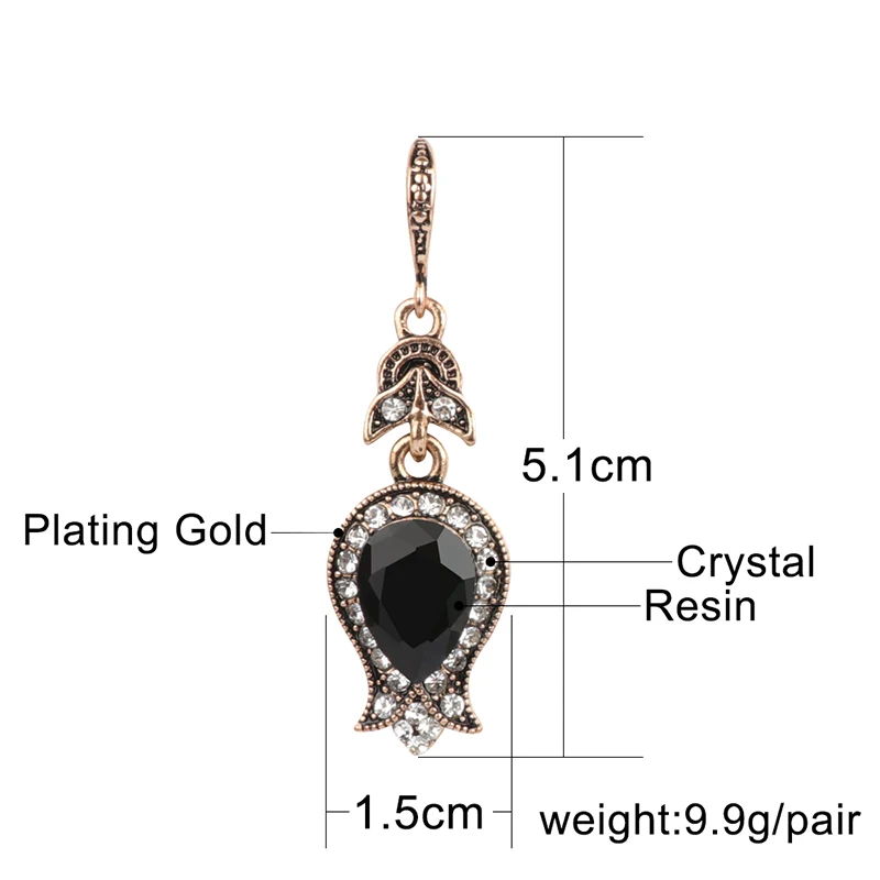 Wbmqda Black Stone Drop Earrings For Women Antique Gold Water Drop Crystal Wedding Earrings Vintage Jewelry Christmas Gifts