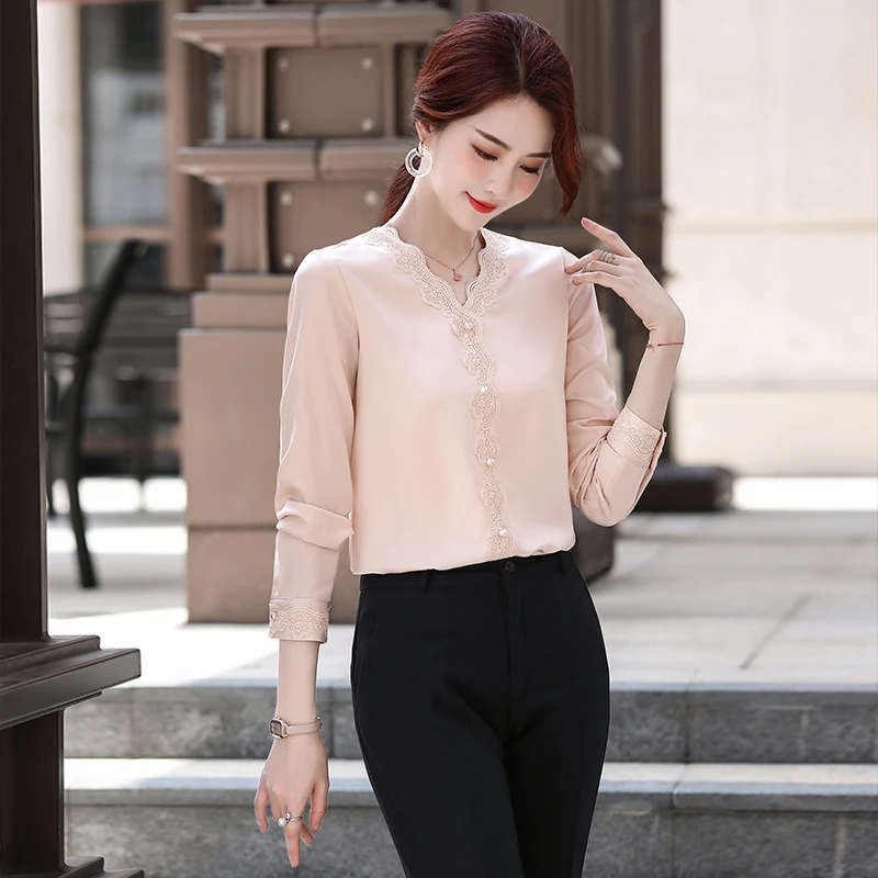 Lenshin V-neck Shirts for Women High-quality Blouse with Lace Work Wear Office Lady Female Tops Chemise Loose style