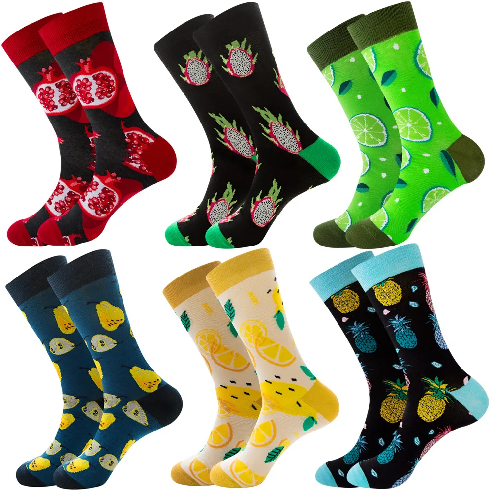 6 pairs of fashionable and interesting socks in different colors, happy planet's astronaut food, cute animal fruit men's socks