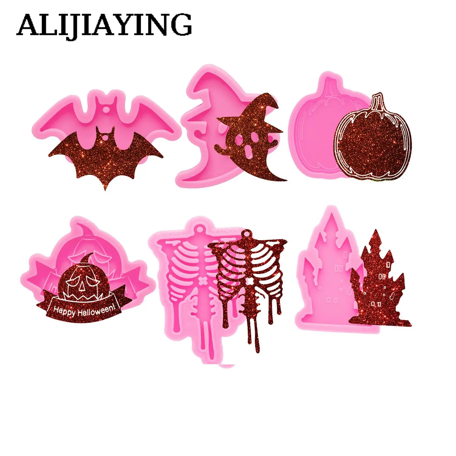 DY0604 Glossy Halloween Castle/Skull/Bat/Cat /Ghost/Pumpkin Keychain Silicone Epoxy Molds DIY Resin, Chocolate Crafting Mould