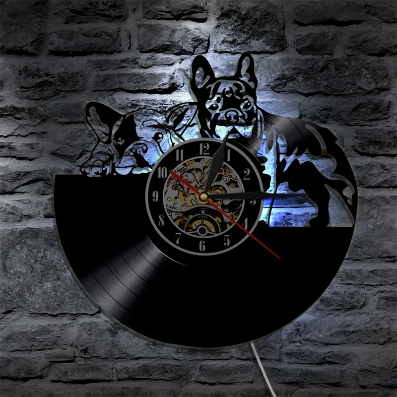 French Bulldog Vinyl Record Wall Clock with LED Change 3D Stickers Black Hollow Vinyl Record Clocks for Animal Dog Shop Decor