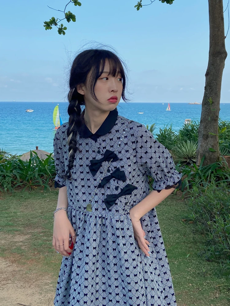 

Chinese Dress Grey Bow Qipao Vintage Oblique Placket Doll Collar Cheongsam Dresses Sweet Lace Stitching Skirt Woman