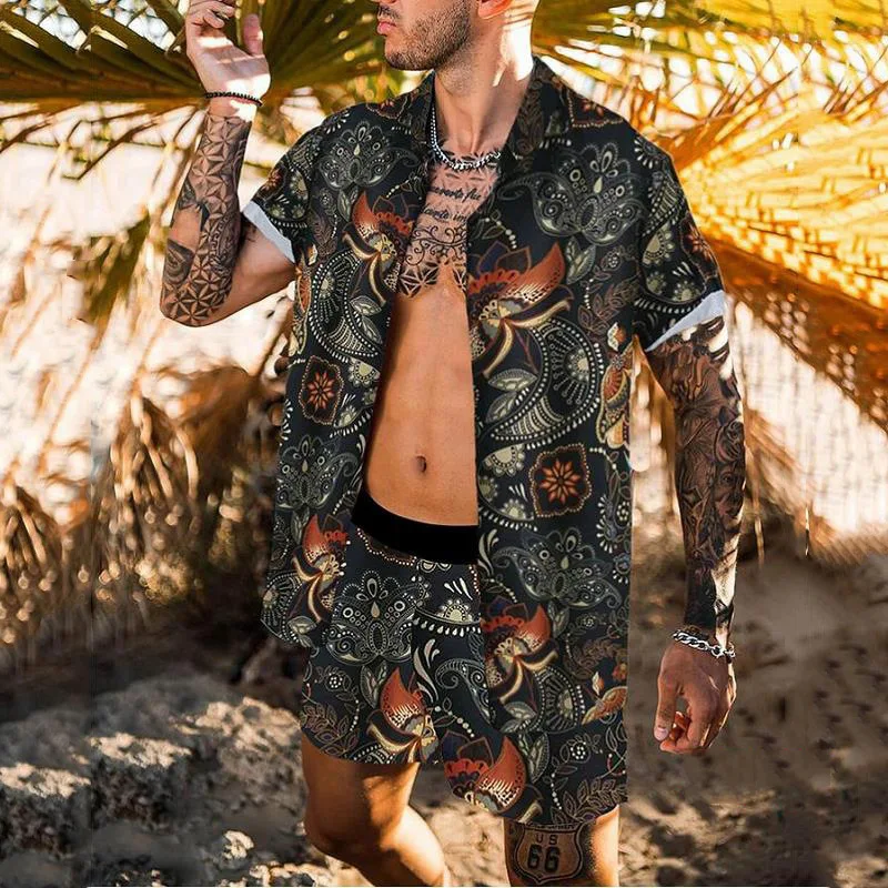 2021 Summer Beach Fashion Leopard Print Two Piece Sets For Men Short Sleeve Shirt And Drawstring Shorts Suits Casual Male Outfit