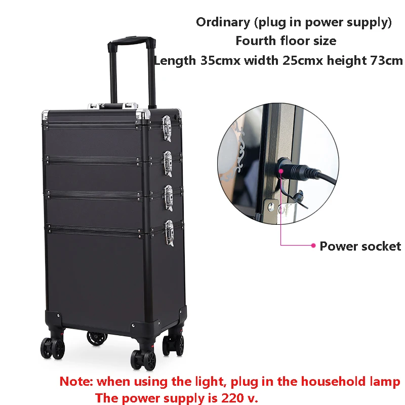 

Luxury Beauty Makeup Barber Suitcase On Wheels Black Aluminum Case Lights And Mirror Hairdresser Case Trolley Cosmetics Tool Box