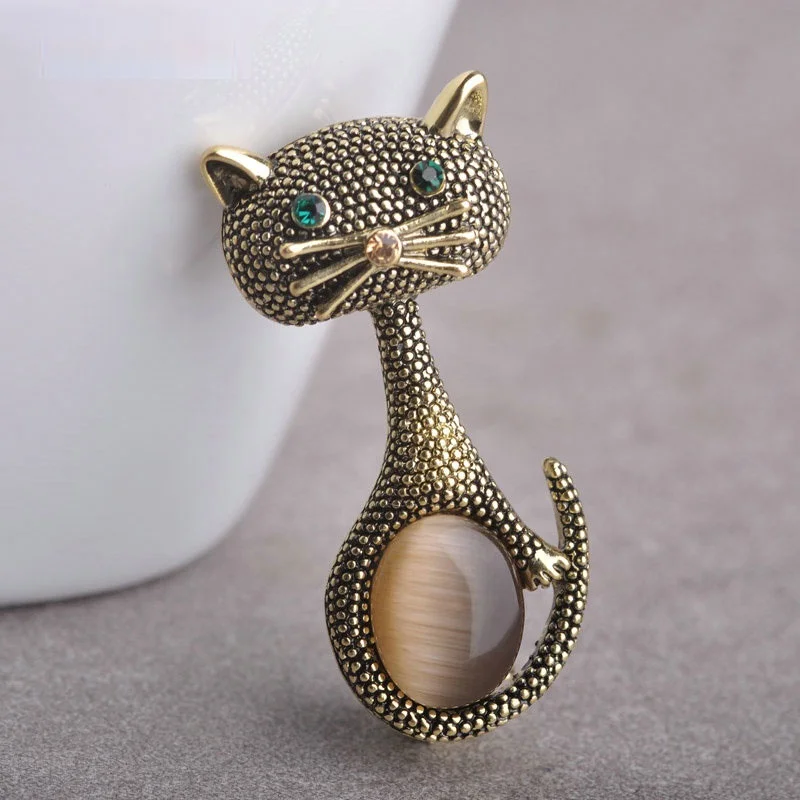 Vintage Green Eyes Cat Brooch Corsage Antique Gold Color Opals Animal Brooches For Women Kids Pins Jewelry