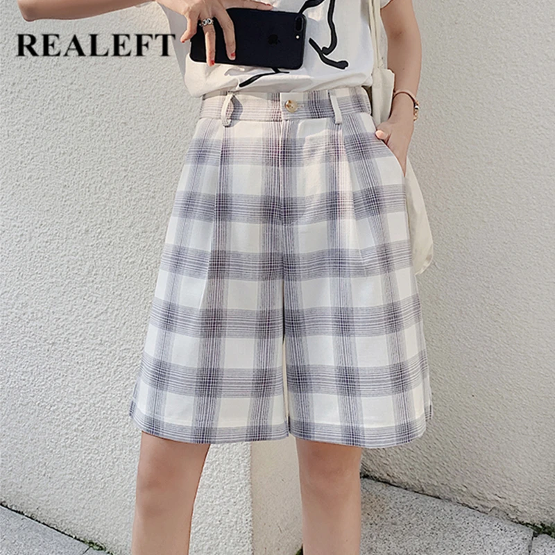 

REALEFT Summer 2021 New Classic Plaid Women's Half Pants High Waist Wide Leg Pants Elegant Female Loose Chic Trousers Pockets