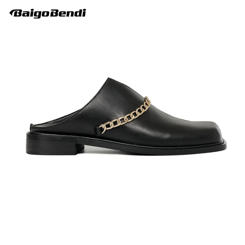 Men\'s Punk Style Metal Chain Slip On Mules Modern Man Fashion Square Toe Slides Summer Cool Boy Daily Shoes