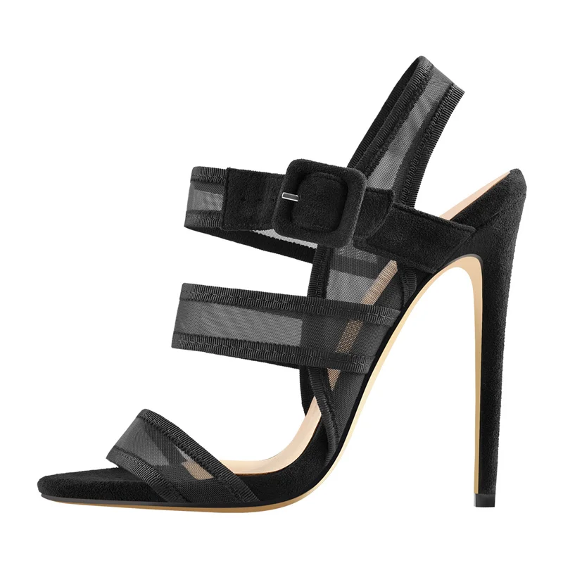 Onlymaker Women Stiletto High Heels Sandals Mesh Ankle Buckle Black Red Flock Peep Toe Large SizeSummer Sandals