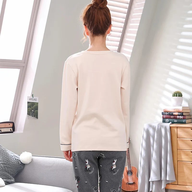 New Autumn Pajamas With Chest Pad Women Knitted Cotton Pajama Set Homewear Pijama Mujer Long Sleeve Casual Soft Female Sleepwear