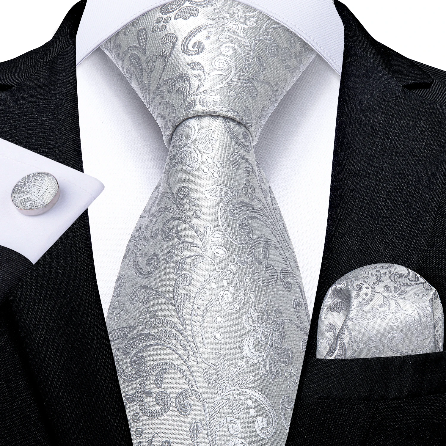 DiBanGu Men Tie White Silver Paisley Design Wedding Tie For Men Hanky Cufflink Tie Set Fashion Bussiness Party Dropshipping