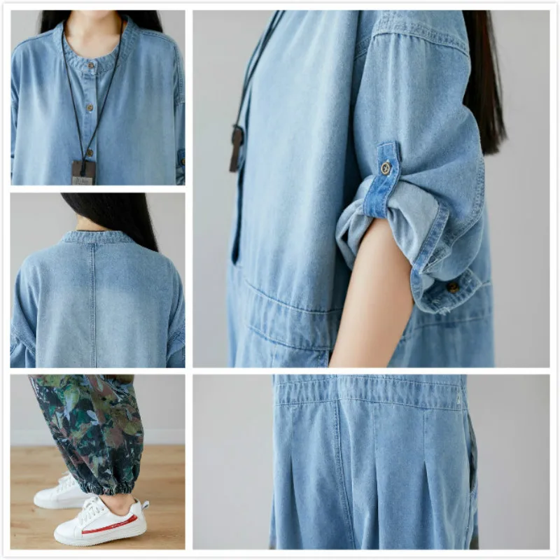2022 Women Floral Jeans Vintage Denim Jumpsuit Long Sleeve Overall Baggy Bib Pants Female Loose Romper Autumn Streetwear