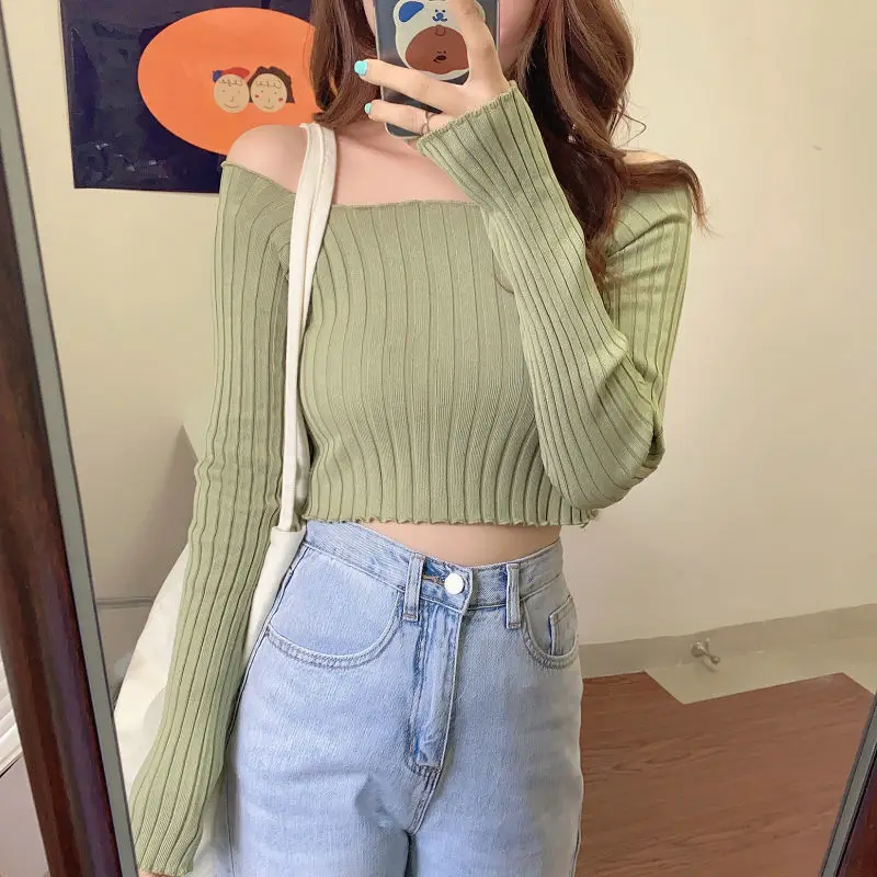 off-Shoulder Short Bare Midriff Slim Fit Knitted Women\'s Striped Top Woman Sweaters Femme Chandails Pull Hiver