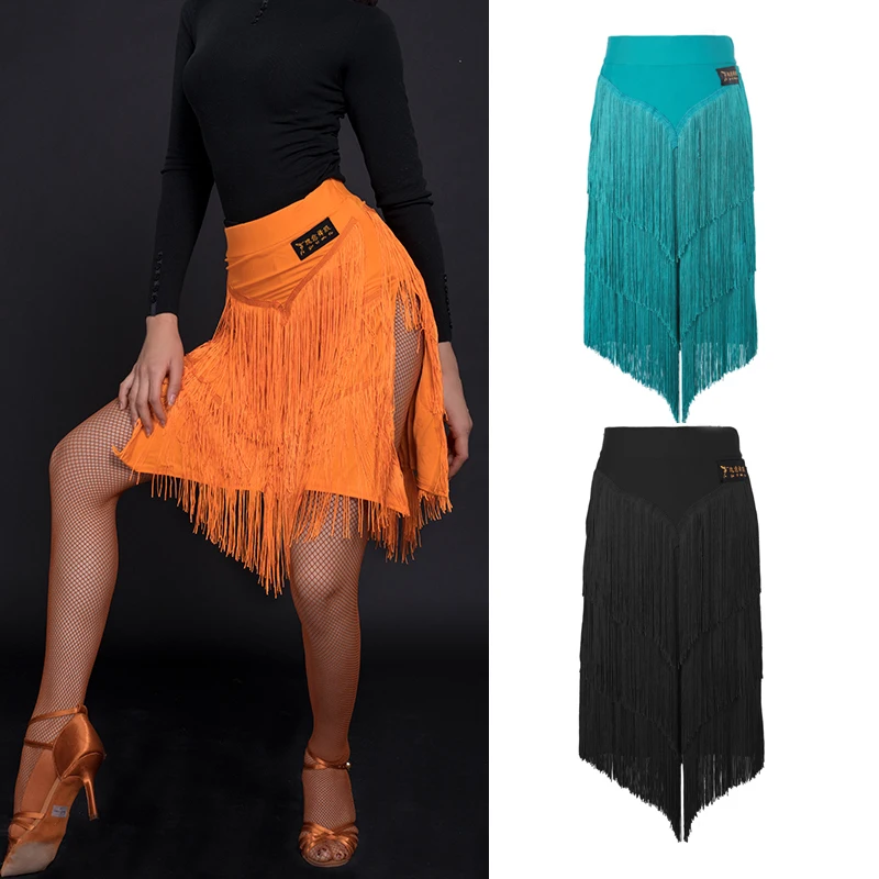 Latin Dance Fringe Skirts Women Orange/Black Adult Dance Clothes Samba Rumba Practice Performance Skirt Salsa Costume BL5926