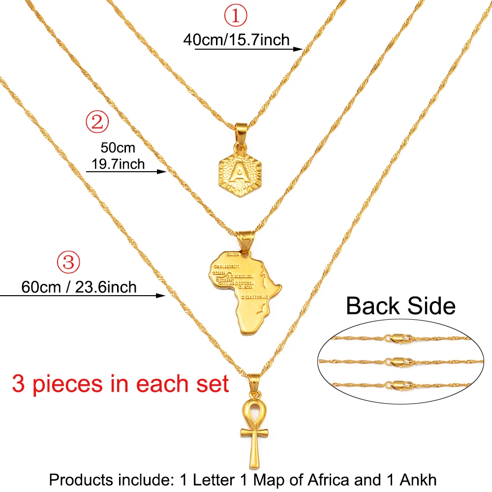 Anniyo 3PCS/A-Z Letters Africa Map Ankh Pendant Necklace Alphabet Gold Color Initial Jewelry African Cultural Ornaments #243806