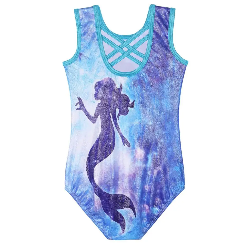 BAOHULU Girls Gymnastics Leotard Galaxy Human Fish Pattern Ballet Leotard Sleeveless Dance Wear Professional Sparkly Bodysuits