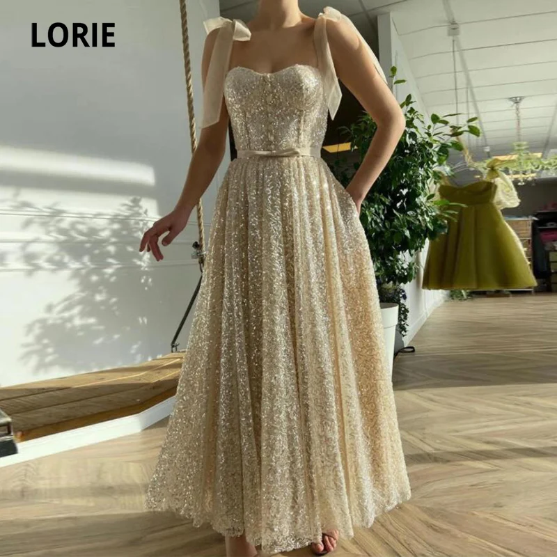 Lorie Shiny Prom Dresses Bling Bling Spaghetti Band Leuke Thee Lengte Pailletten Night Party Jurk Voor Graduation Celebrity Jurk