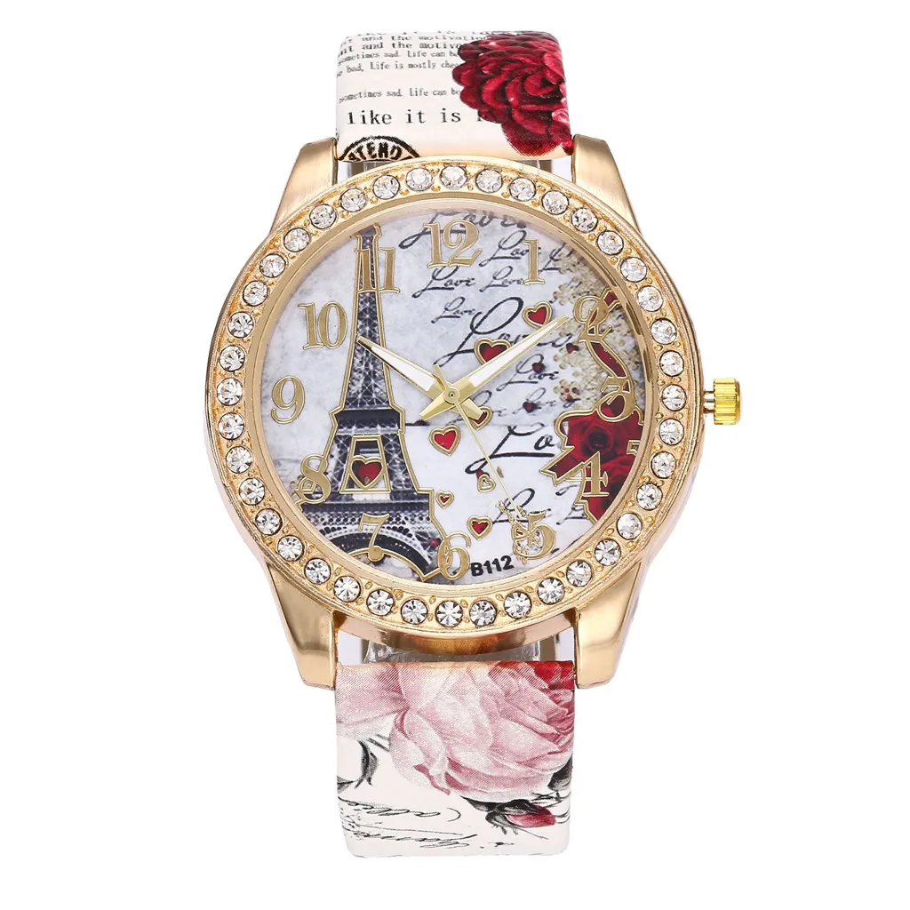 Unisex Women Men Boho Style Watch Printing Eiffel Tower Pattern Crystal Diamond Couple Watch Ladies Creative Wrist Watch Zegarek