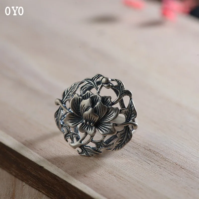 100%S990 sterling silver antique style female flowers rich matte New Gift Thai silver ring