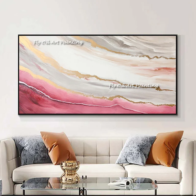 

100% Handmade Romantic Pink Sky Ocean Oil Painting Scenery Large Size Canvas Abstract Poster for Home Porch Room Decoration