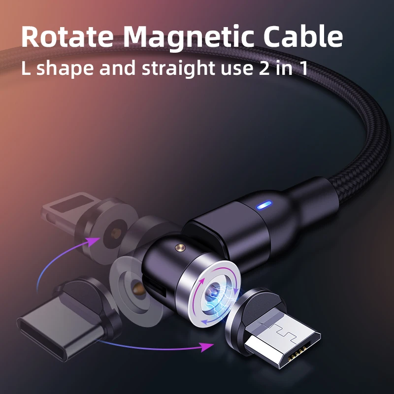 ใหม่ Magnetic Fast ชาร์จ3A Micro USB ประเภท C 8Pin โทรศัพท์มือถือสำหรับ Samsung iPhone 360 + หมุน180องศา