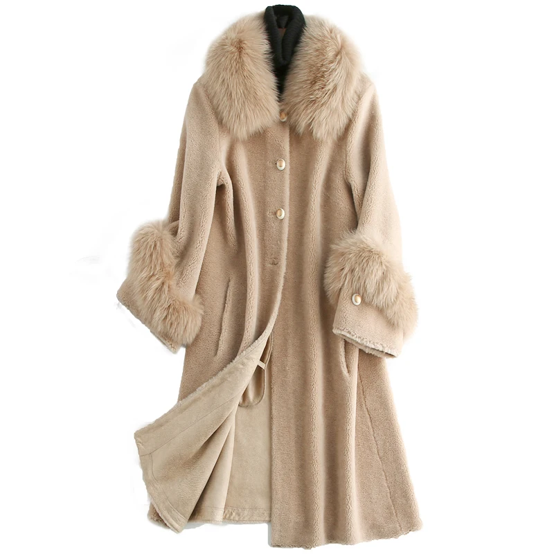 Schafe Lammfell Pelz Winter Mantel Frauen Echt Fox Pelz Kragen Wolle Mantel Weibliche Lamm Pelz Koreanische Jacke Manteau Femme MY4395