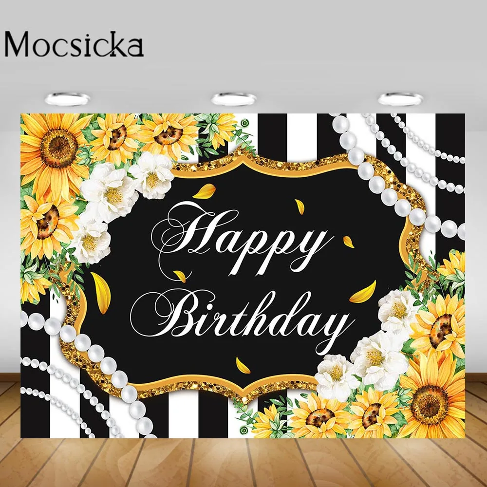 Mocsicka Sunflower Birthday Backdrops for Photography Women Ladies Birthday Party Background Decor Photocall Black White Stripes