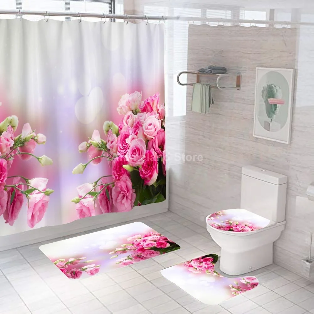 

Valentine's Day Pink Rose Shower Curtains Roses Flower Pattern Bathroom Toilet Cover Mat Non-Slip Washroom Rug Set 180x180cm