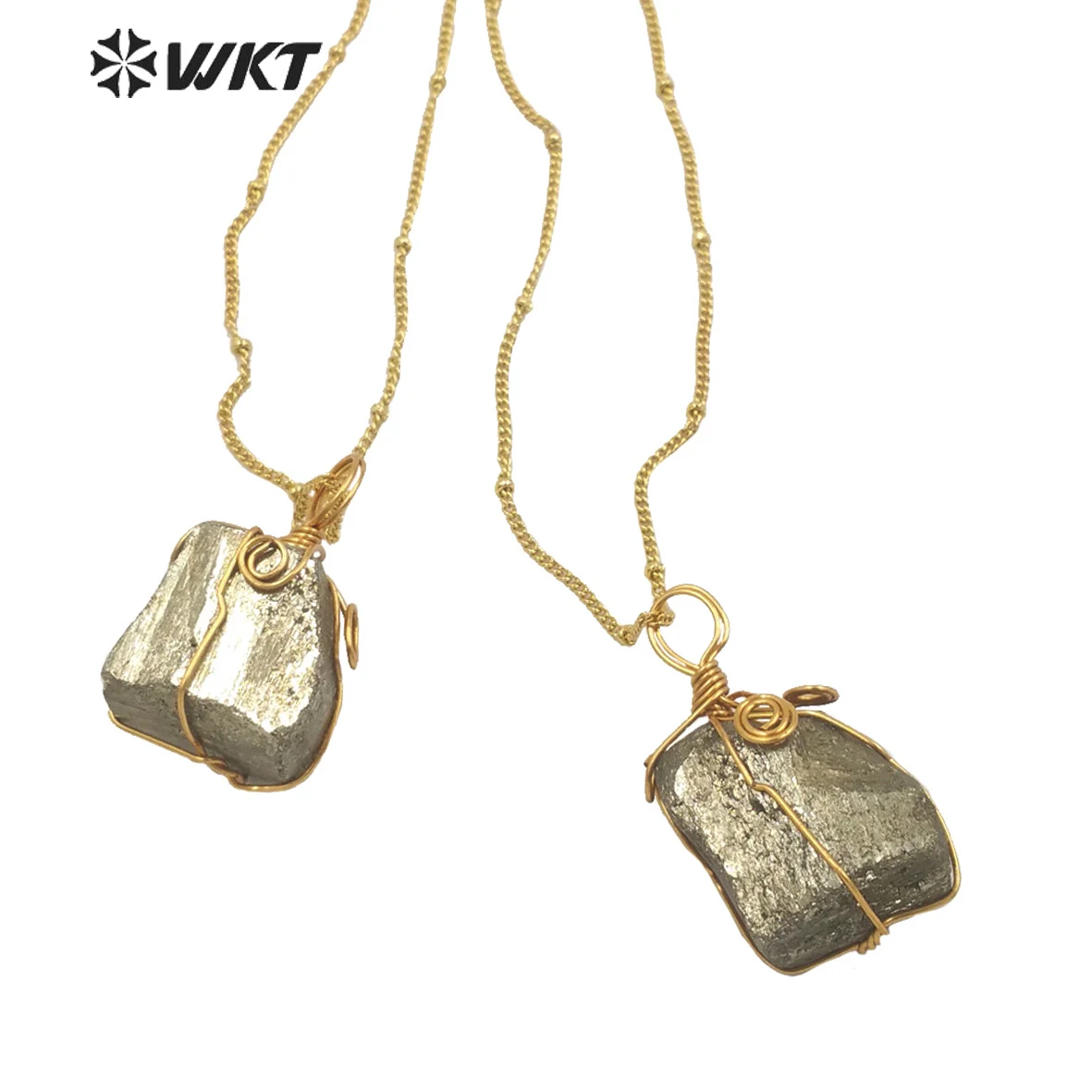 WT-N1345 WKT Beautiful Rectangular Pyrite Necklace And Brass Wire Wound Pendant Lady's Jewelry Necklace Gift Procurement