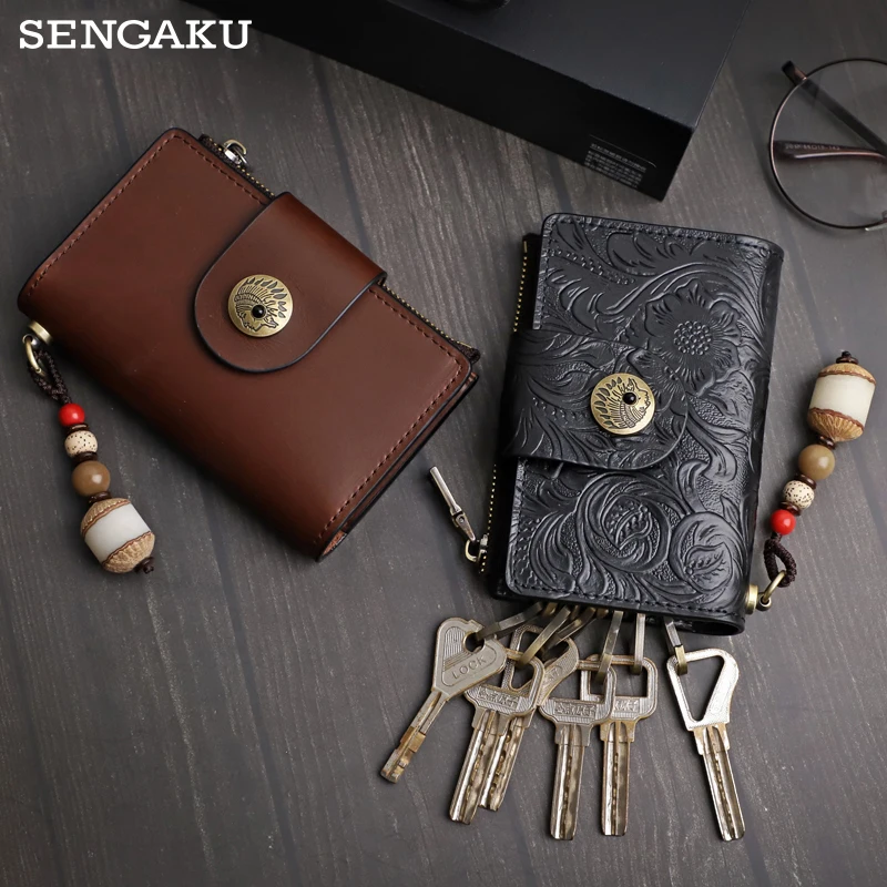 Handmade Genuine Leather Key Holder Bag Mini Coin Purse With Zipper Key Housekeeper Holder Case Card Slot Holder Bag