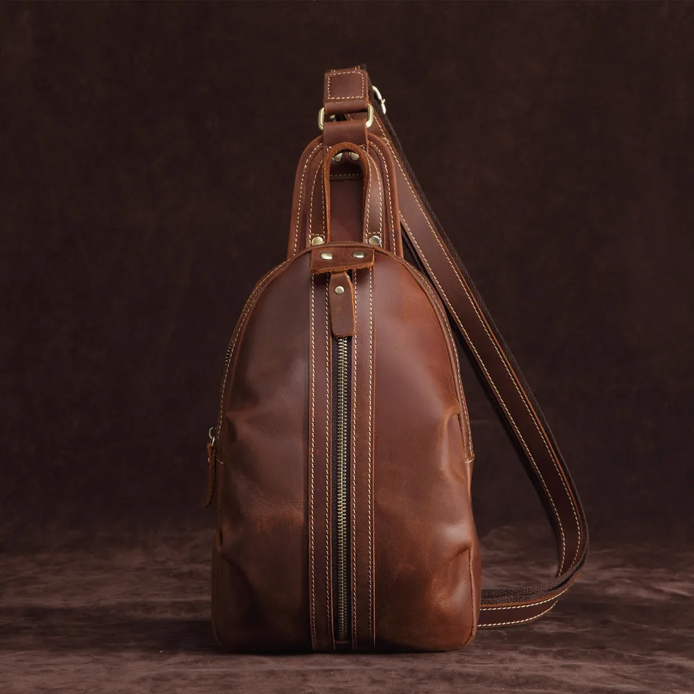 SF068 Mens Boys Messenger Shoulder Bag Sling Bag Chest Case Crossbody Bags Vintage Real Cow Leather Leisure Casual Brown Zipper