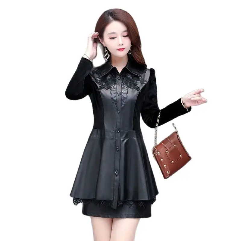 Fashion New Lace Mid-Length Splicing Leather Shirt Women's Coat Single-Breasted Spring Autumn Ladies Leather Jacket S-6XL