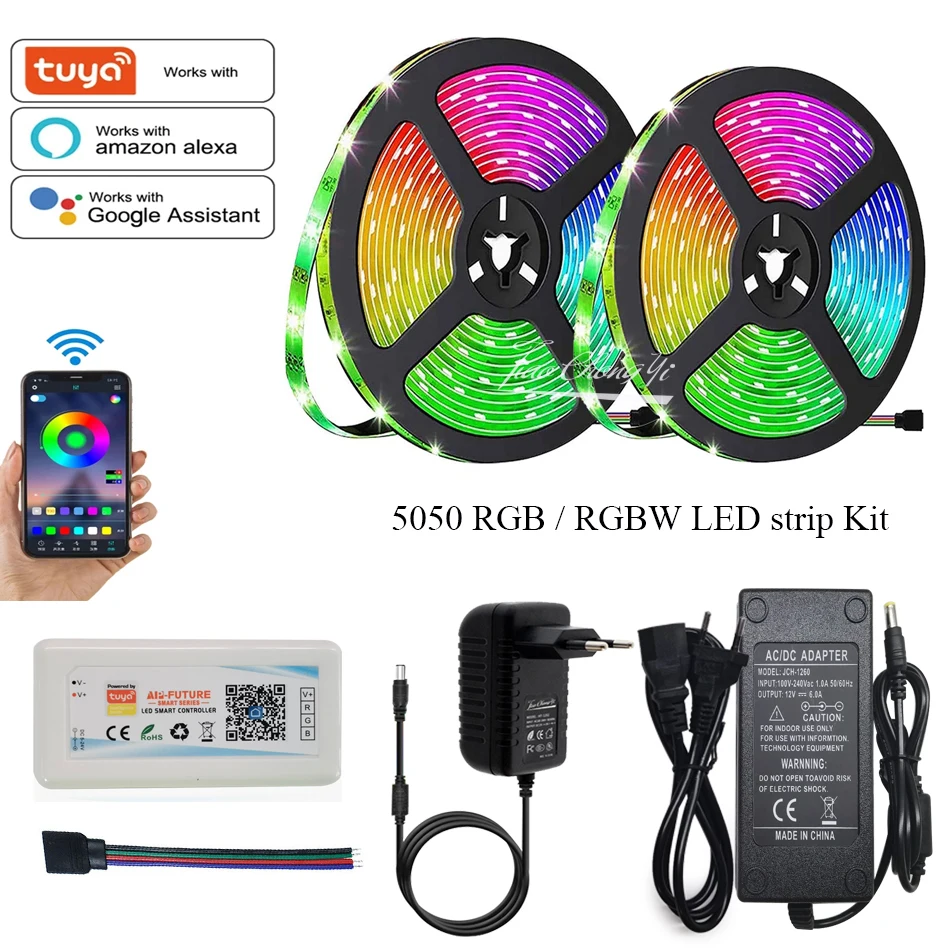 tuya wi fi sem fio controlador de controle voz dc12v 5050 rgb rgbw rgbcct led tira fita luz flexivel mais adaptador alimentacao 5m 10m kit 01