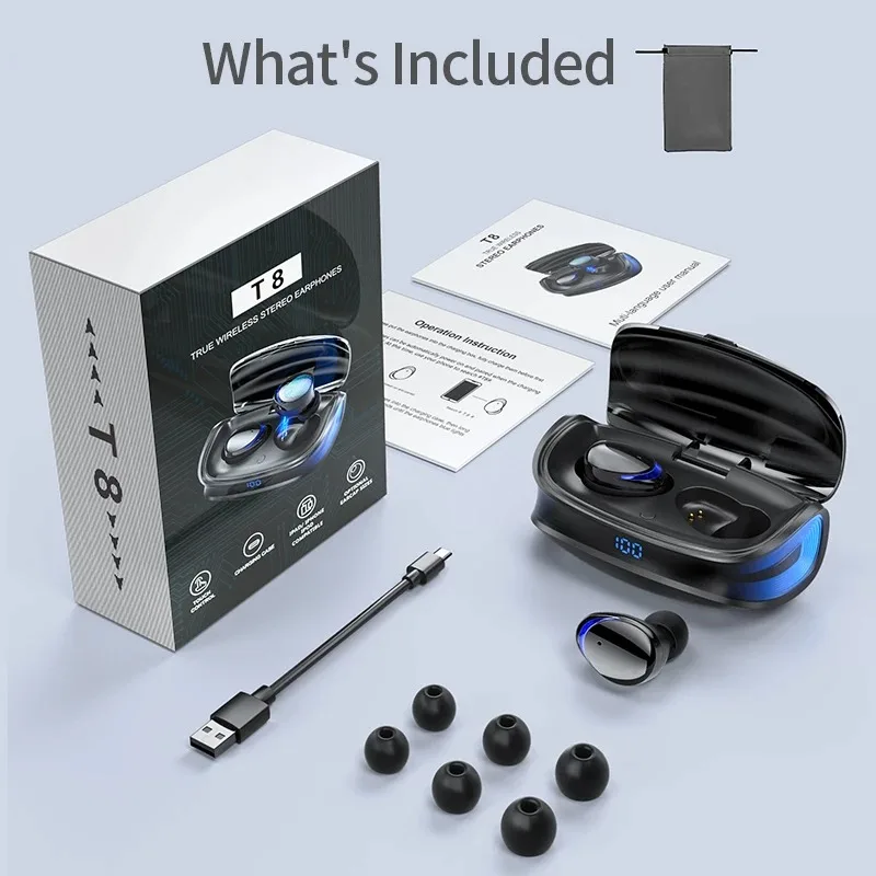 Fones de ouvido sem fio tws bluetooth 5.0, fone de ouvido tipo c estojo de carregamento hd estéreo para esportes à prova d'água com microfone