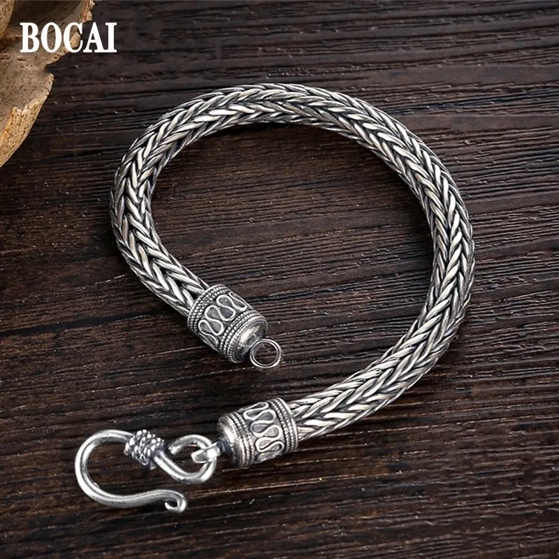 BOCAI New Trend S925 Silver Jewelry Peace Pattern RetroHand-woven Hemp Rope Chain Thick Style Men's Keel Bracelet Christmas Gift