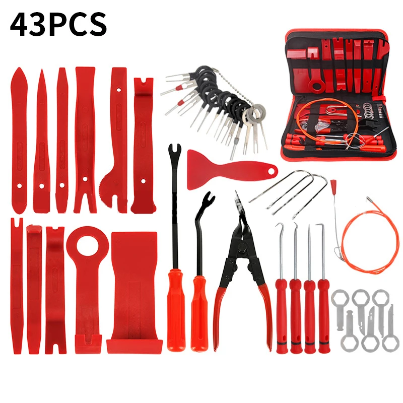 43 Pcs/Set Red Car Removal Tool For Dashboard Audio Stereo GPS Trim Interior Disassembly Installation Tool POM Nylon Zinc Alloy