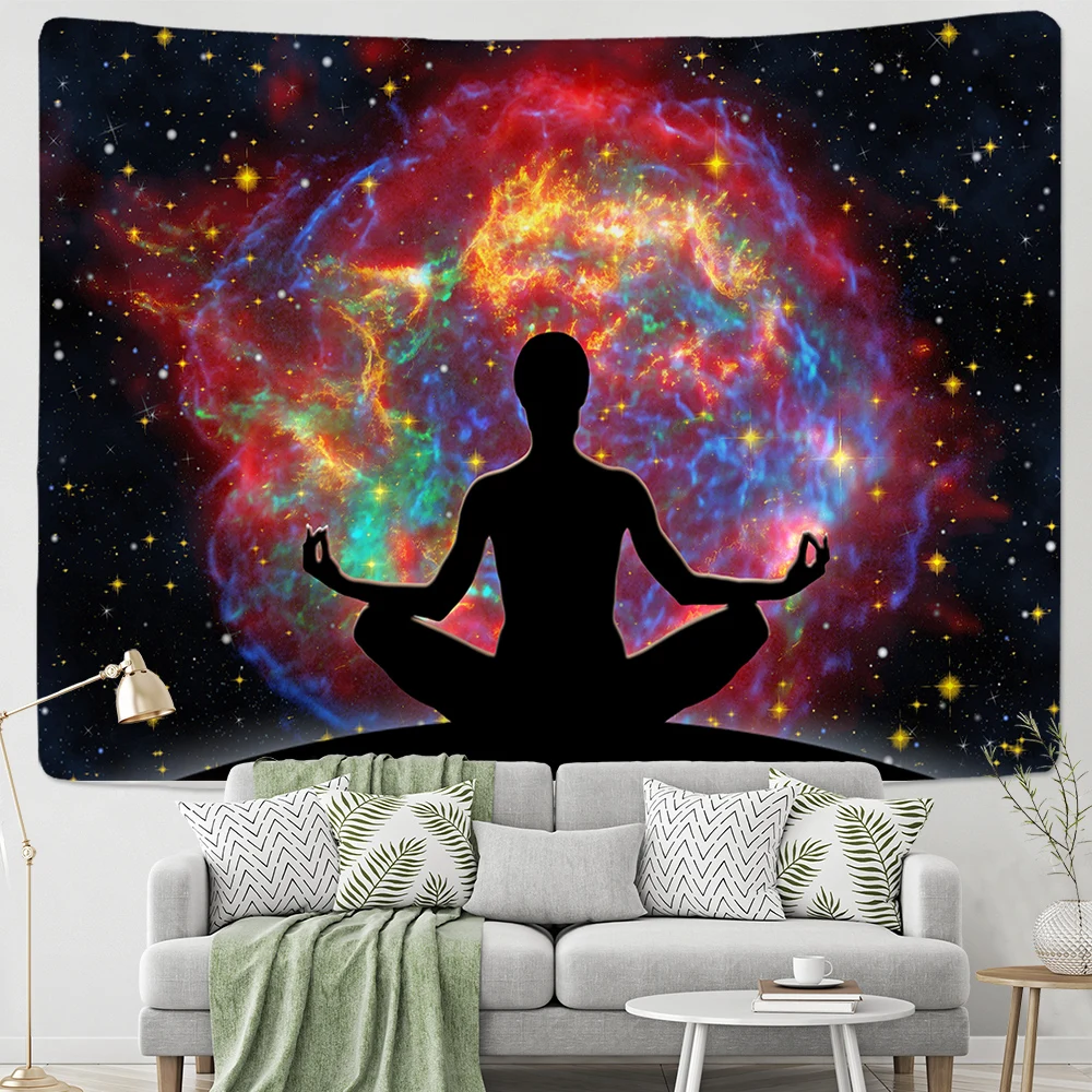 Buddha Statue Meditation 7 Chakra Tapestry Wall Hanging Psychedelic Crystal Sky Background Yoga Carpet Boho Decor