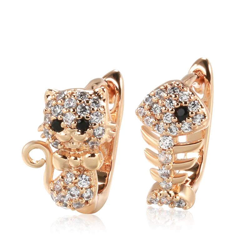 Kinel Luxury Cute Cat Fish Earrings For Girls 585 Rose Gold Natural Zircon Stud Earrings Children Baby Xmas Gifts Animal Jewelry