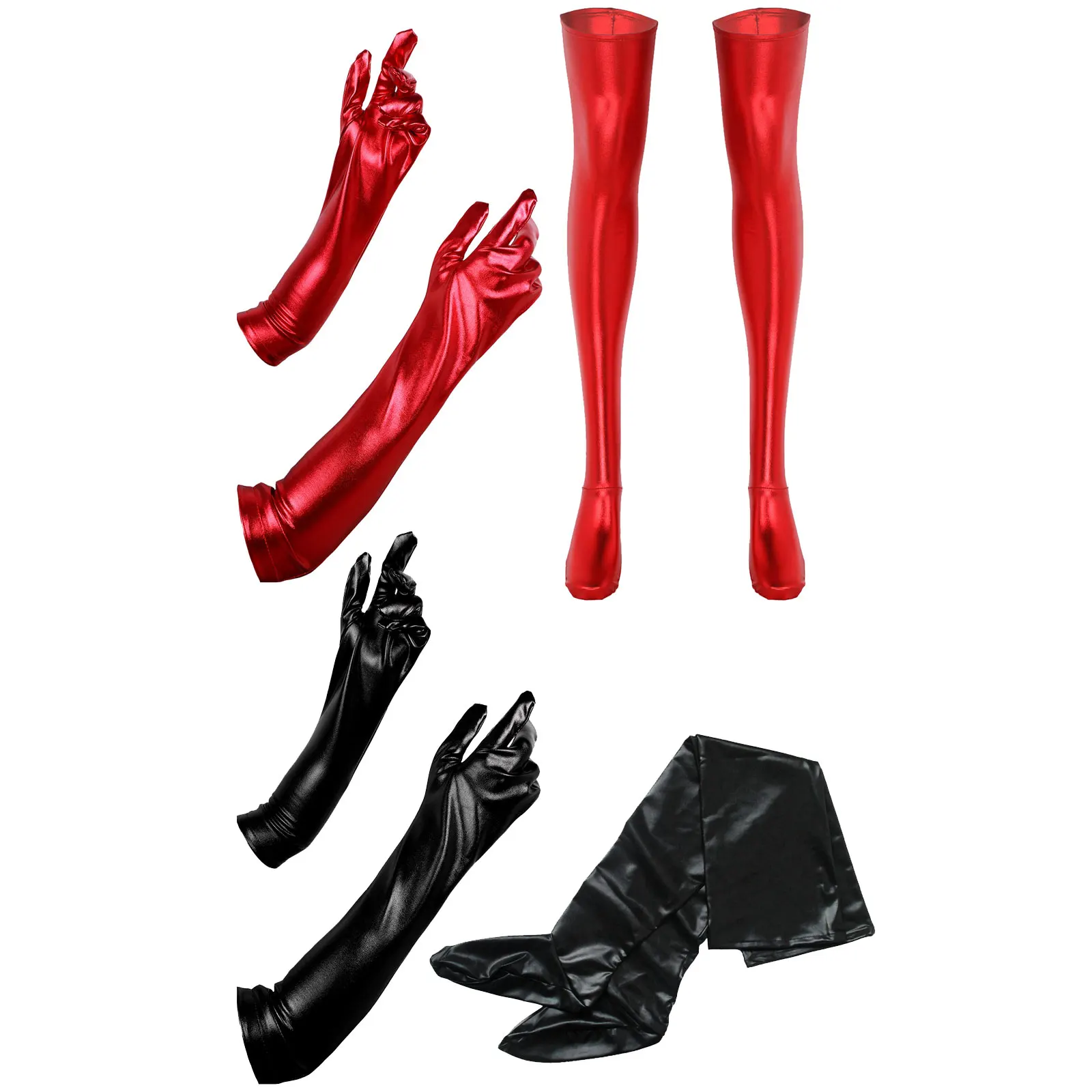 Disfraz metálico brillante para mujer, accesorio erótico de Pole Dance, guantes de cuero con medias Wetlook, conjunto Sexy para Cosplay