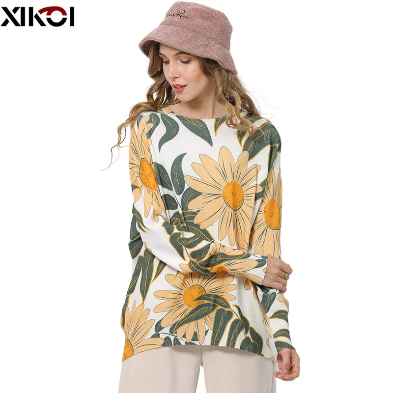 XIKOI Soft Daisy Print Oversized Sweater For Women Winter O-neck Pullovers Women Patchwork Knitted Jumper Long Sleeve Pull Femme