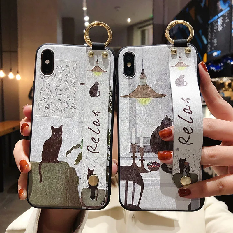 Cartoon Cute Cat Wrist Strap Soft Phone Case For iphone 13 11 12 14 15 Pro MAX X XR XS Max SE 2020 7 8 Plus 14Plus Holder Cover