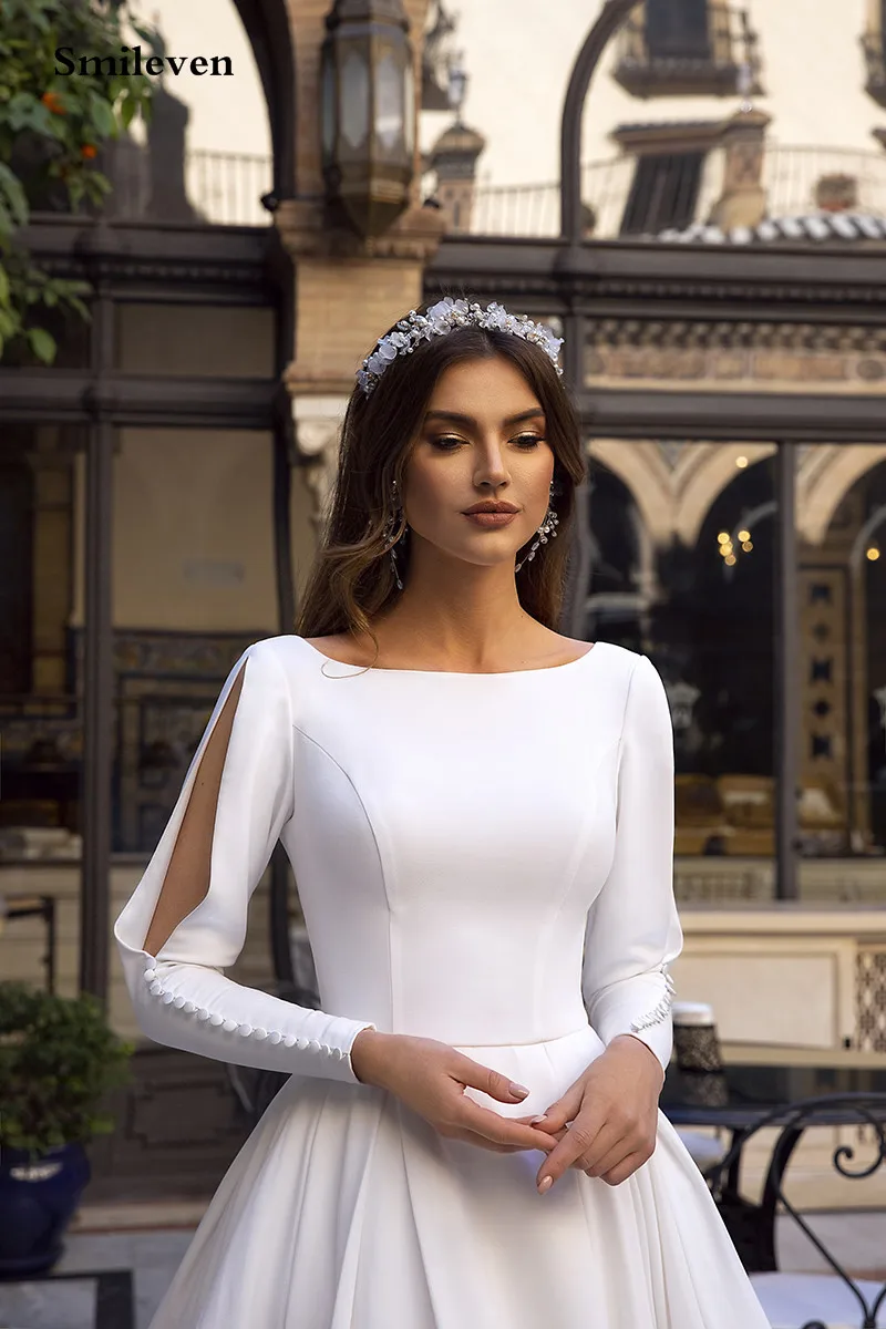 Smileven – robe De mariée en Satin, manches longues, dos nu, Caftan, élégante, style musulman