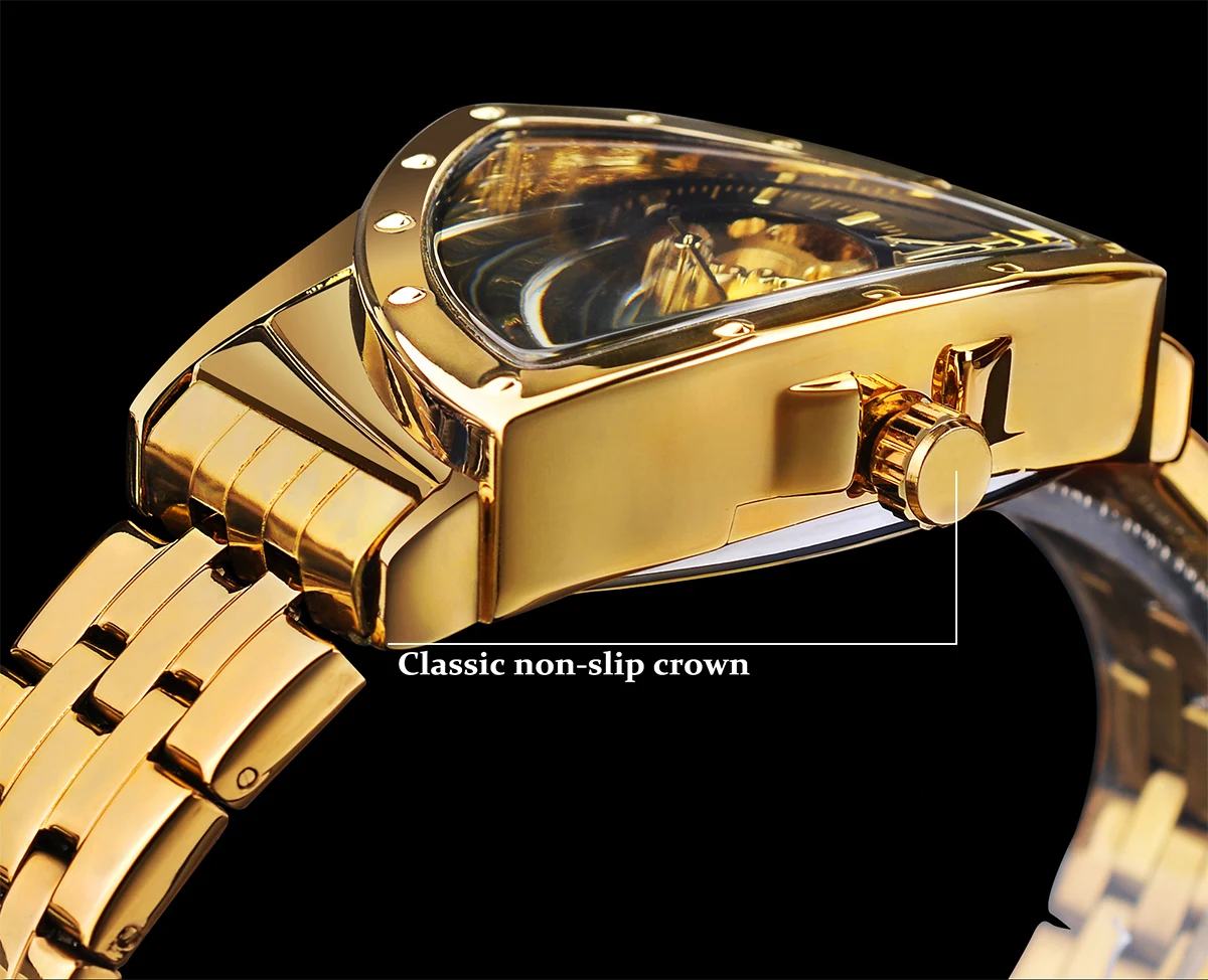 Forsining Golden Luxury Men Mechanical Wristwatch Triangle Automatic Watches Stainless Steel Irregular Watch Hollow Reloj Hombre